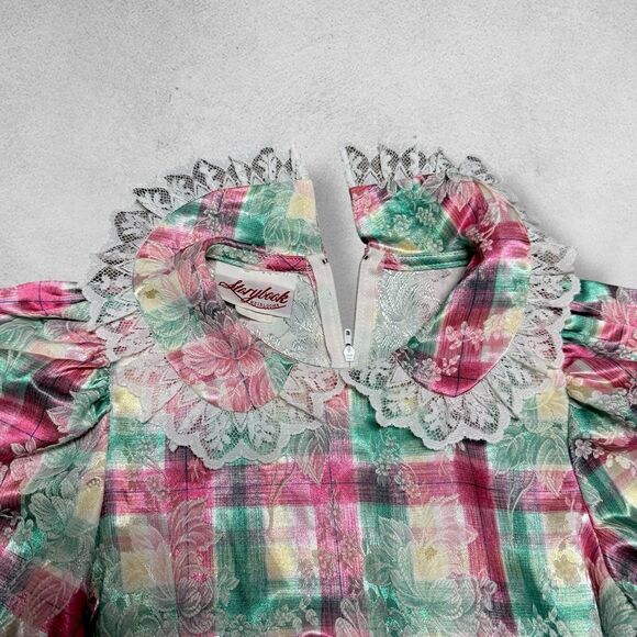 Vintage Storybook Heirlooms Girls Dress 8 Plaid Lace Metallic Brocade Victorian - Picture 2 of 14